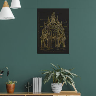 Gotische kathedraalexterieur blauwdruk fijne kunst poster