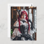 Gotische Kawaii Maid met rode vlechten Briefkaart (Voorkant / Achterkant)