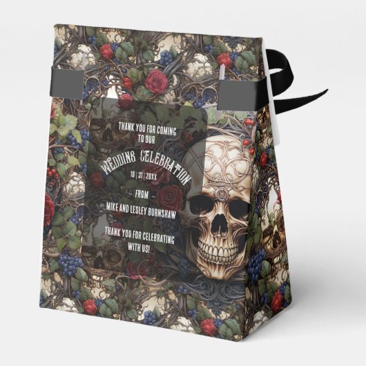 Gotische Keltische schedels en Rozen Biker Bruilof Bedankdoosjes (Achterkant)