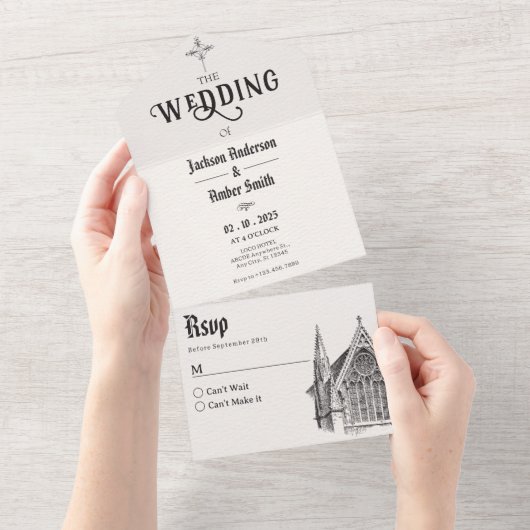 Gotische kerk Bruiloft All In One Uitnodiging (Afscheurbaar)