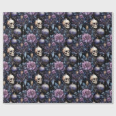 Gotische Kerst Roze & Paarse Bloemen Schedels Cadeaupapier (Vlak)
