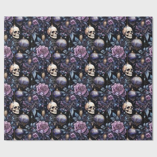 Gotische Kerst Roze & Paarse Bloemen Schedels Cadeaupapier (Vlak)