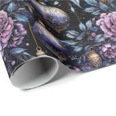 Gotische Kerst Roze & Paarse Bloemen Schedels Cadeaupapier (Rol Hoek)