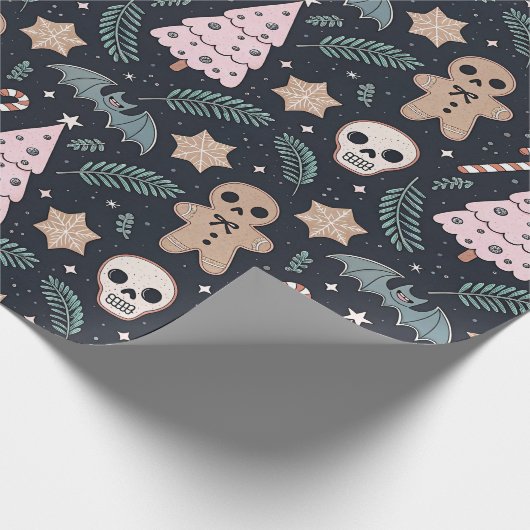 Gotische kerst schedel en peperkoek man cadeaupapier (Hoek)