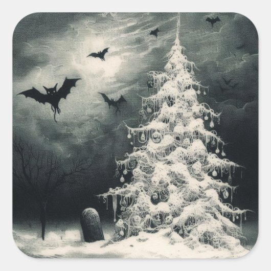 Gotische Kerstboom met Spooky Bats Horror Vierkante Sticker (Voorkant)