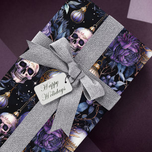 Gotische kerstboom schedels zwart & Paarse Cadeaupapier