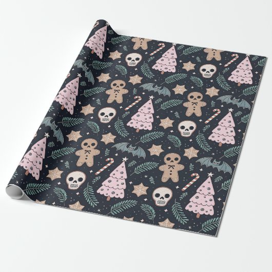 Gotische Kerstschedel en Gemberkoekman Cadeaupapier (Uitgerold)