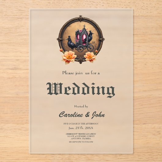 Gotische koets met raven en Rozen. Acryl Uitnodigingen (Voorkant)