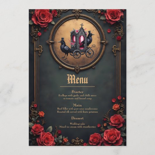 Gotische koets met raven en Rozen. Menu (Voorkant)