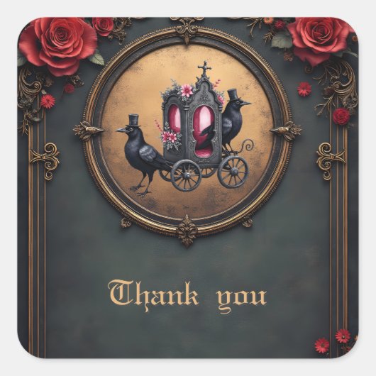 Gotische koets met raven en Rozen. Vierkante Sticker (Voorkant)