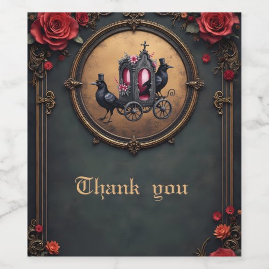Gotische koets met raven en Rozen. Wijn Etiket (Enkel label)