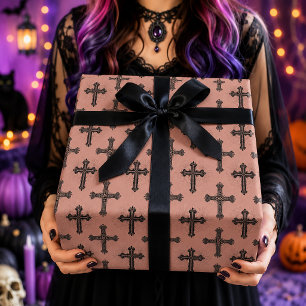 Gotische kruis- en spinnenwebroze Halloween-patroo Cadeaupapier