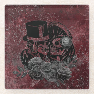 Gotische kussende schedels stel en bloedrood eeuwi glazen onderzetter