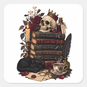 Gotische Lezer Literaire Boekenwurm Schedel & Roze Vierkante Sticker