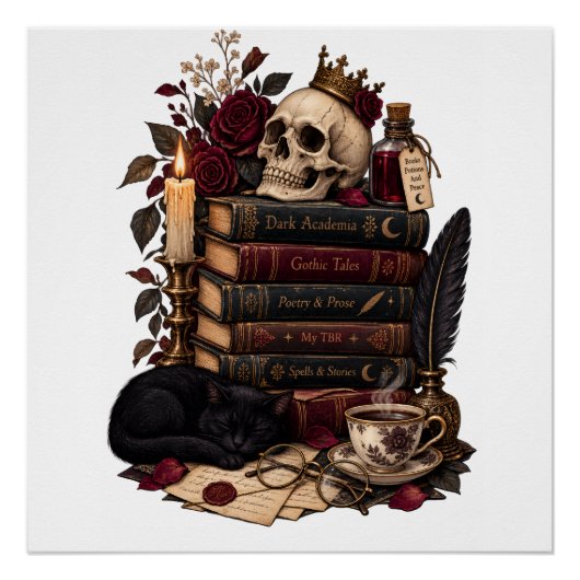 Gotische lezer Literaire boekworm Schedel & Rozen Perfect Poster (Voorkant)