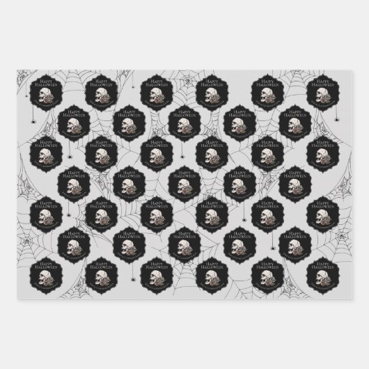 Gotische lichtgrijze schedels en strepen Halloween Inpakpapier Vel (Voorkant)