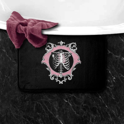 Gotische Liefde | Roze en Zwart Skelet Hart Bloeme Badmat