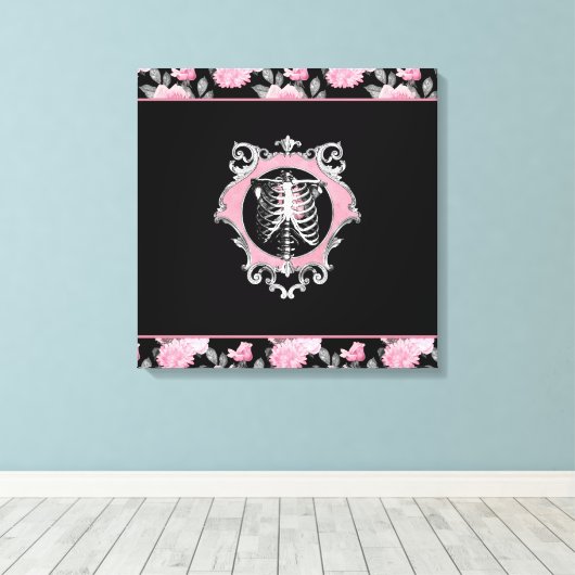 Gotische Liefde | Roze en Zwart Skelet Hart Bloeme Canvas Afdruk (Insitu (Houten vloer))
