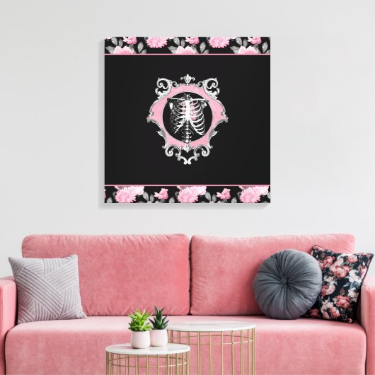 Gotische Liefde | Roze en Zwart Skelet Hart Bloeme Canvas Afdruk (Insitu (Woonkamer))