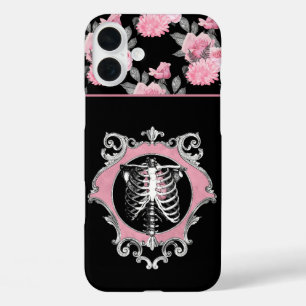 Gotische Liefde Roze en Zwart Skelet Hart Bloeme iPhone 16 Plus Hoesje