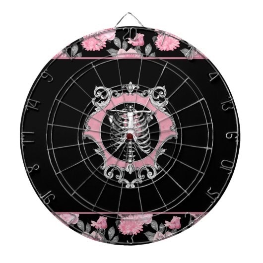 Gotische Liefde | Roze en Zwart Skelet Hart Bloeme Dartbord (Voorkant)