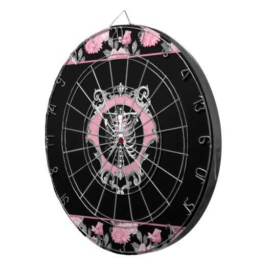 Gotische Liefde | Roze en Zwart Skelet Hart Bloeme Dartbord (Voorkant Rechts)