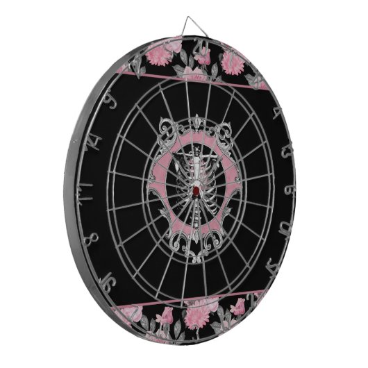 Gotische Liefde | Roze en Zwart Skelet Hart Bloeme Dartbord (Voorkant Links)