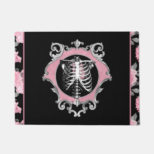 Gotische Liefde | Roze en Zwart Skelet Hart Bloeme Deurmat (Voorkant)