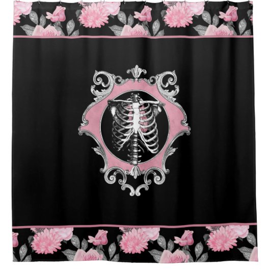 Gotische Liefde | Roze en Zwart Skelet Hart Bloeme Douchegordijn (Voorkant)