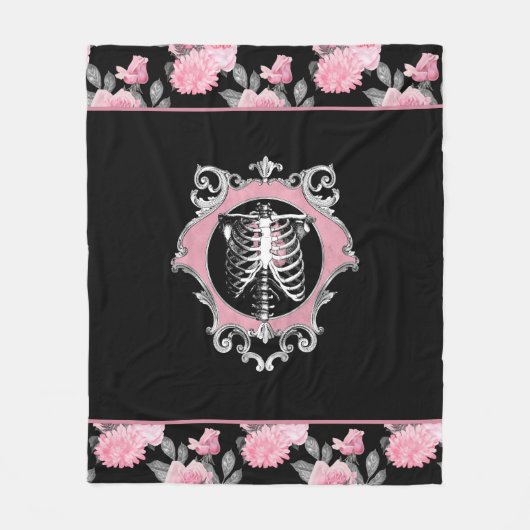 Gotische Liefde | Roze en Zwart Skelet Hart Bloeme Fleece Deken (Voorkant)