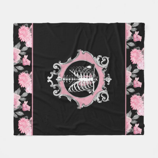 Gotische Liefde | Roze en Zwart Skelet Hart Bloeme Fleece Deken (Voorkant (Horizontaal))