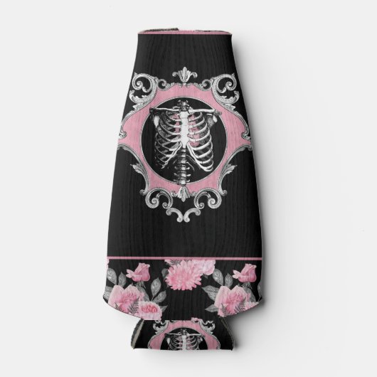 Gotische Liefde | Roze en Zwart Skelet Hart Bloeme Flesjeskoeler (Voorkant)