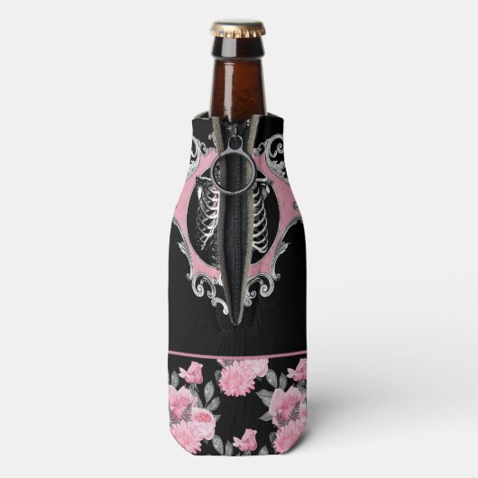 Gotische Liefde | Roze en Zwart Skelet Hart Bloeme Flesjeskoeler (Fles Achterkant)