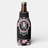 Gotische Liefde | Roze en Zwart Skelet Hart Bloeme Flesjeskoeler (Fles Voorkant)