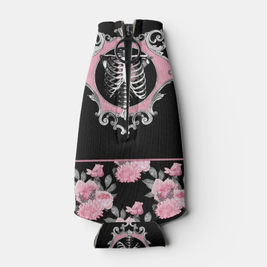 Gotische Liefde | Roze en Zwart Skelet Hart Bloeme Flesjeskoeler (Achterkant)