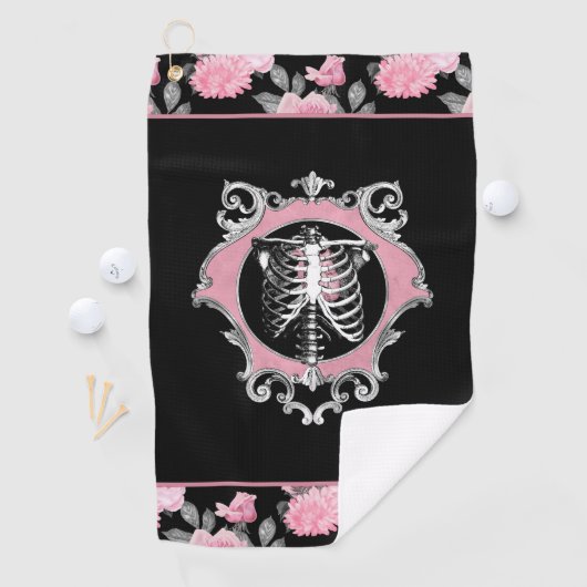 Gotische Liefde | Roze en Zwart Skelet Hart Bloeme Golfhanddoek (Insitu)