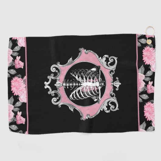 Gotische Liefde | Roze en Zwart Skelet Hart Bloeme Golfhanddoek (Horizontaal)
