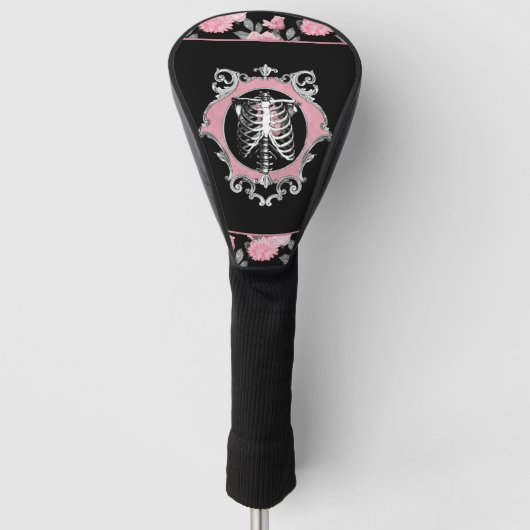 Gotische Liefde | Roze en Zwart Skelet Hart Bloeme Golfheadcover (Voorkant)