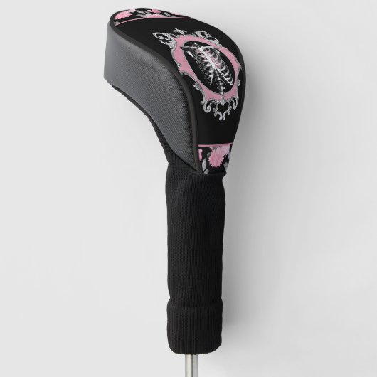 Gotische Liefde | Roze en Zwart Skelet Hart Bloeme Golfheadcover (Schuin)