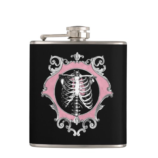 Gotische Liefde | Roze en Zwart Skelet Hart Bloeme Heupfles (Voorkant)