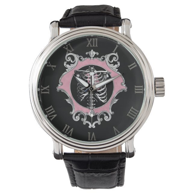 Gotische Liefde | Roze en Zwart Skelet Hart Bloeme Horloge (Voorkant)