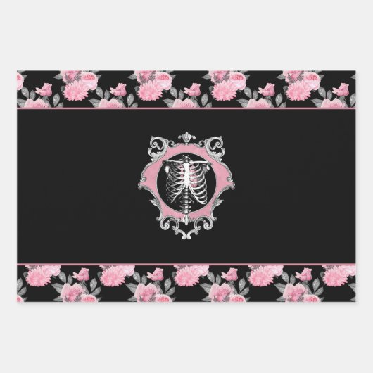 Gotische Liefde | Roze en Zwart Skelet Hart Bloeme Inpakpapier Vel (Voorkant)