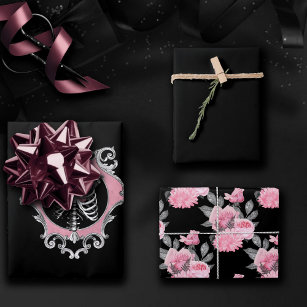 Gotische Liefde   Roze en Zwart Skelet Hart Bloeme Inpakpapier Vel