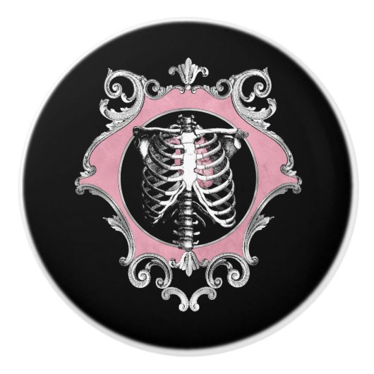 Gotische Liefde | Roze en Zwart Skelet Hart Bloeme Keramische Knop (Voorkant)