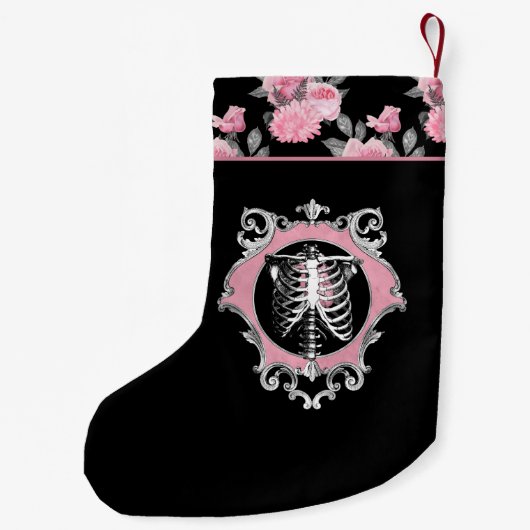 Gotische Liefde | Roze en Zwart Skelet Hart Bloeme Kleine Kerstsok (Achterkant)