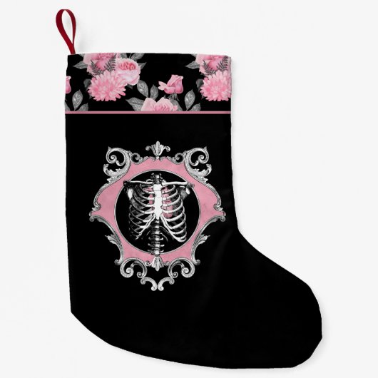 Gotische Liefde | Roze en Zwart Skelet Hart Bloeme Kleine Kerstsok (Voorkant)
