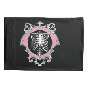Gotische Liefde Roze en Zwart Skelet Hart Bloeme Kussensloop