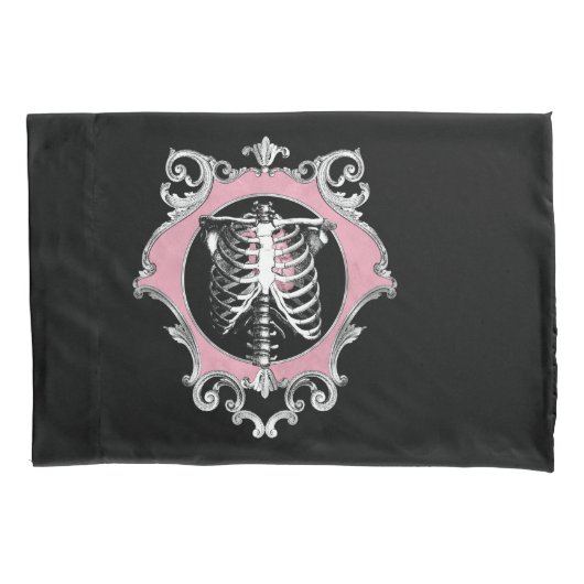 Gotische Liefde | Roze en Zwart Skelet Hart Bloeme Kussensloop (Voorkant)