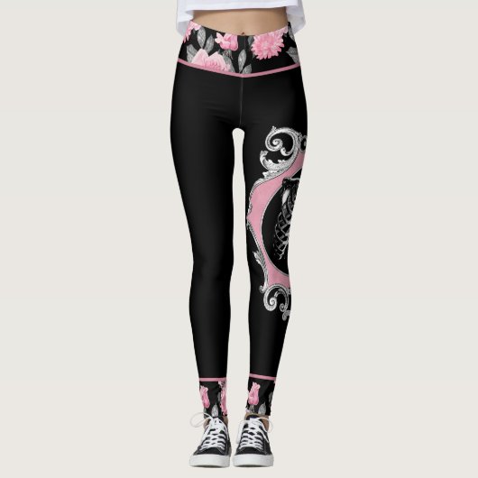 Gotische Liefde | Roze en Zwart Skelet Hart Bloeme Leggings (Voorkant)