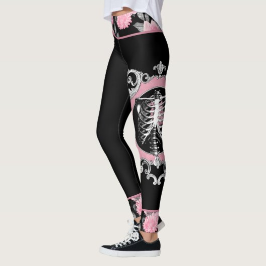 Gotische Liefde | Roze en Zwart Skelet Hart Bloeme Leggings (Links)